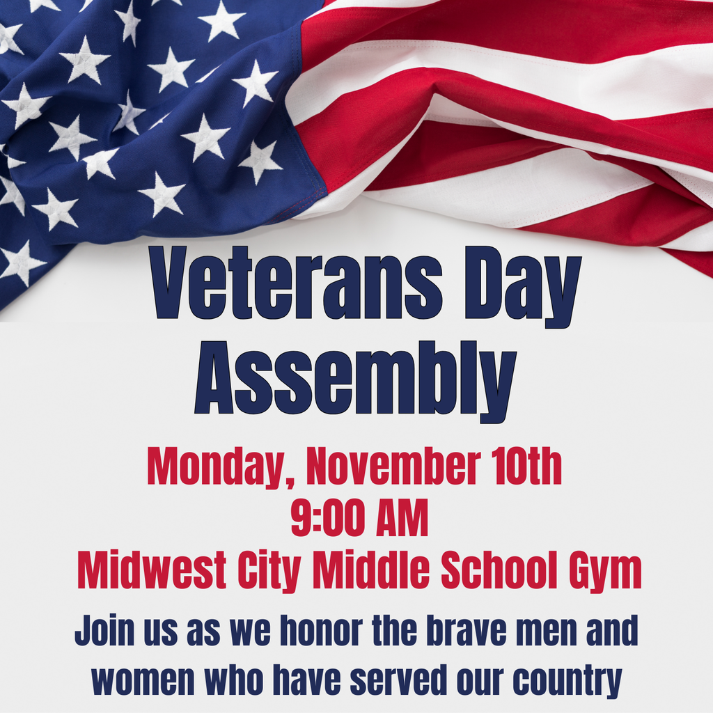 American flag with information about the veterans day assembly