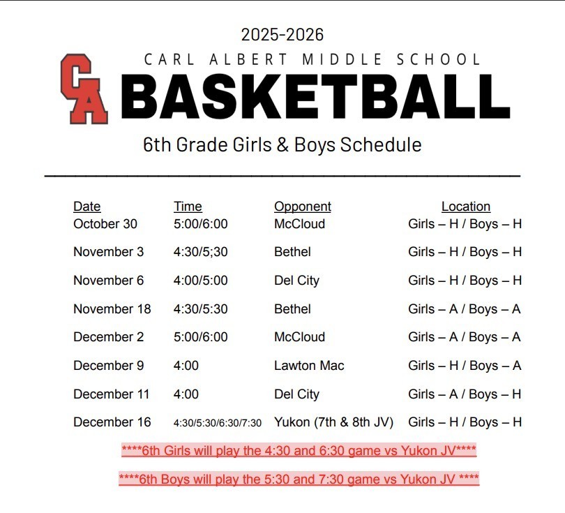 6th grade bball schedule