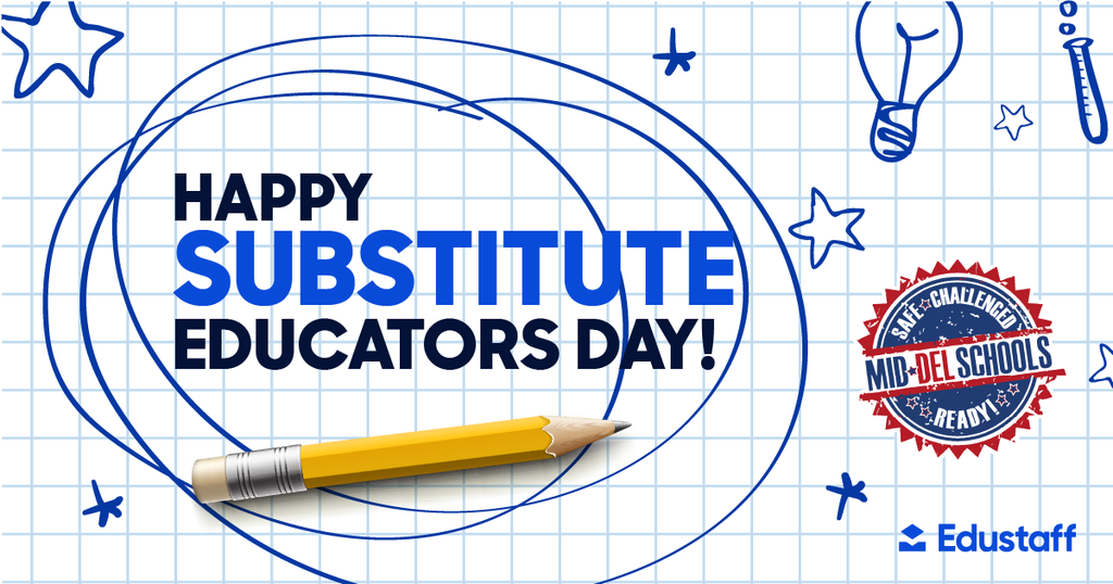 Happy Substitute Educator’s Day! 🎉     Today, we're celebrating the incredible substitutes who step in every day to keep learning going in Mid-Del Schools. Your support keeps students growing, exploring, and achieving, even when their regular teacher can’t be there. Thank you for your commitment to our students, staff, and community. You truly make a difference!     Interested in joining our amazing team of substitutes?  Apply to become a substitute with Mid-Del through Edustaff today at www.edustaff.org!   