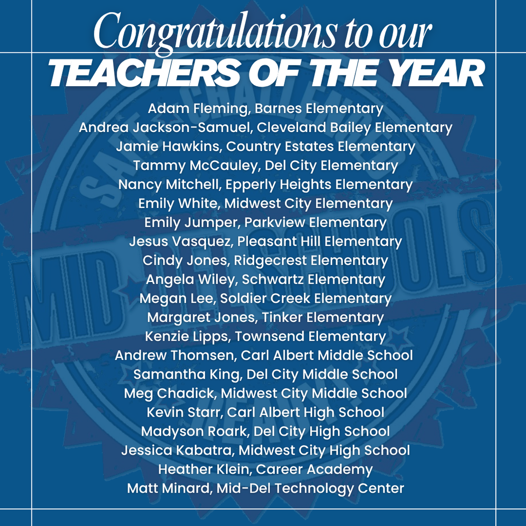 Congratulations to our 2025-2026 Mid-Del Teachers of the Year! We are so proud of each of these outstanding educators who make a difference in the lives of our students every day. We can’t wait to celebrate them this spring! #mdpurpose #OneDistrictOneFamily