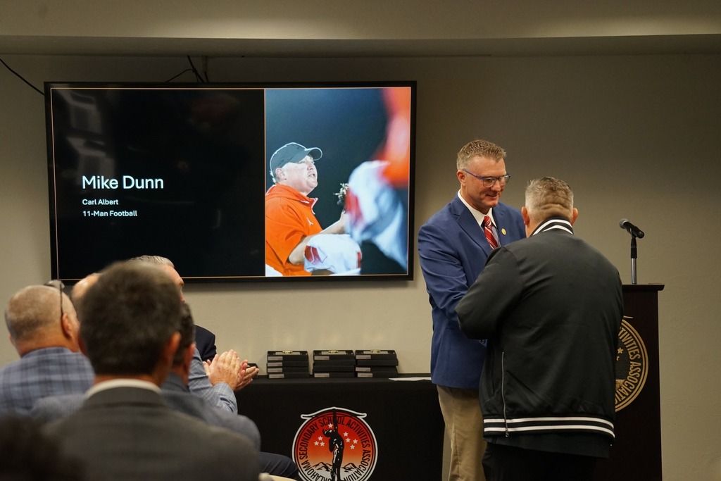 Big congratulations to Coaches Mike Dunn and Cameron Couch from Carl Albert High School! Both were honored today by the Oklahoma Secondary School Activities Association (OSSAA) as part of an elite group of 26 coaches across the state recognized for excellence in their sport during the 2024-2025 school year. Coach Mike Dunn was named the Overall Coach of the Year for Football, and Coach Cameron Couch was named the Boys Track Coach of the Year! Way to represent Mid-Del! #OneDistrictOneFamily #mdpurpose