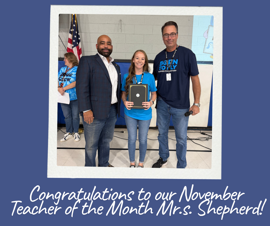 Image of Mrs. Shepherd with Mr. Becker and Mr. Bannister receiving her Teacher of the Month award.
