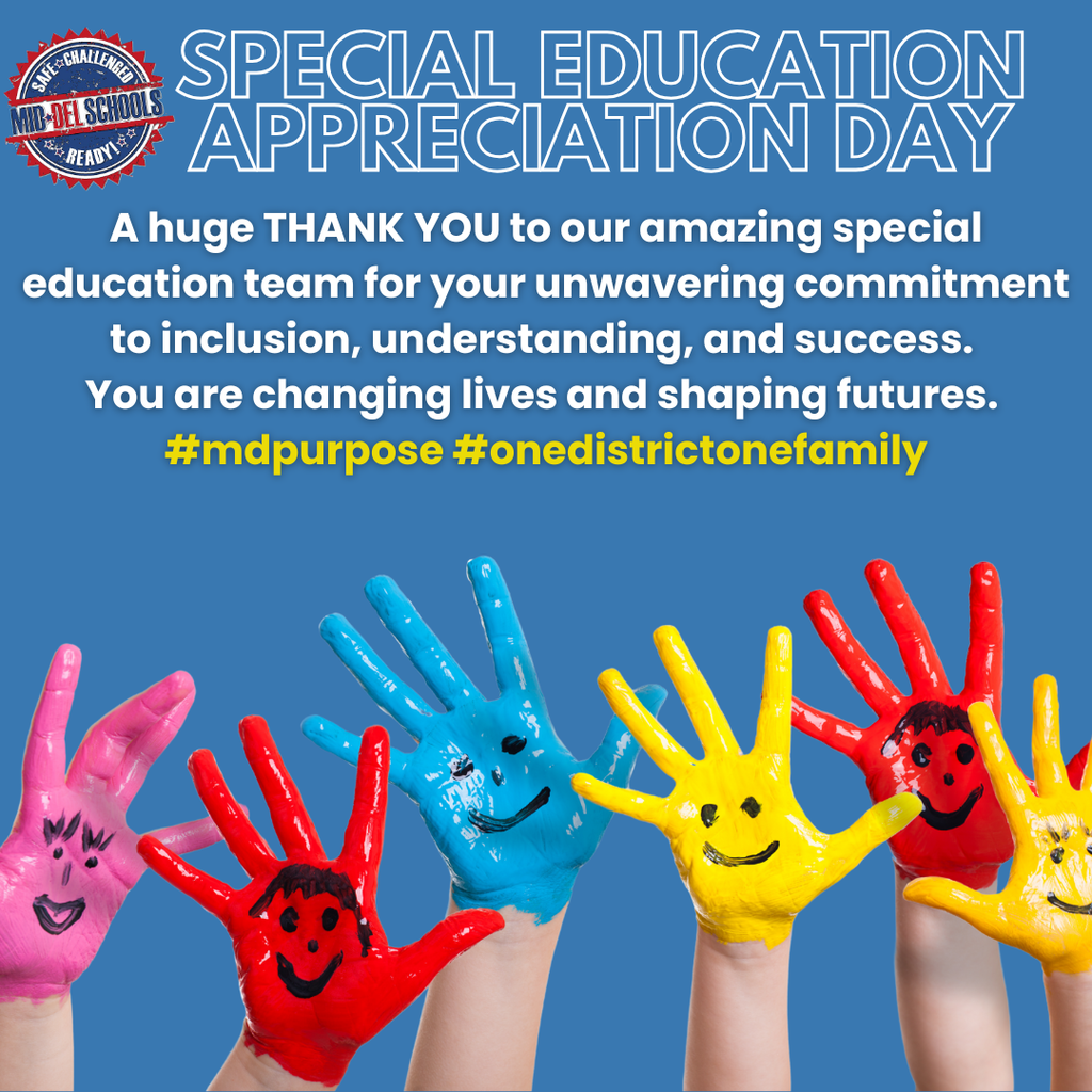 Today, we celebrate National Special Education Appreciation Day! 💙 To our special education teachers, paraprofessionals, related service providers, and support staff — thank you for meeting students where they are, cheering for every milestone, and believing in what’s possible every single day. Your patience, creativity, and dedication change lives and strengthen our schools in ways that can’t be measured. We are so grateful for the love and support you pour into our students and their families. Help us celebrate by leaving a thank-you for a special education staff member in the comments! #NationalSpecialEducationDay #OneDistrictOneFamily #mdpurpose