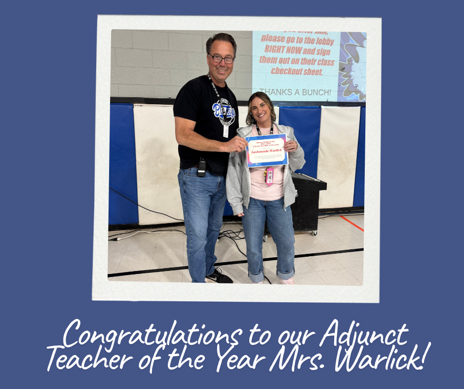 Image of Mrs. Warlick receiving her Adjunct Teacher of the Year certificate from Mr. Becker.