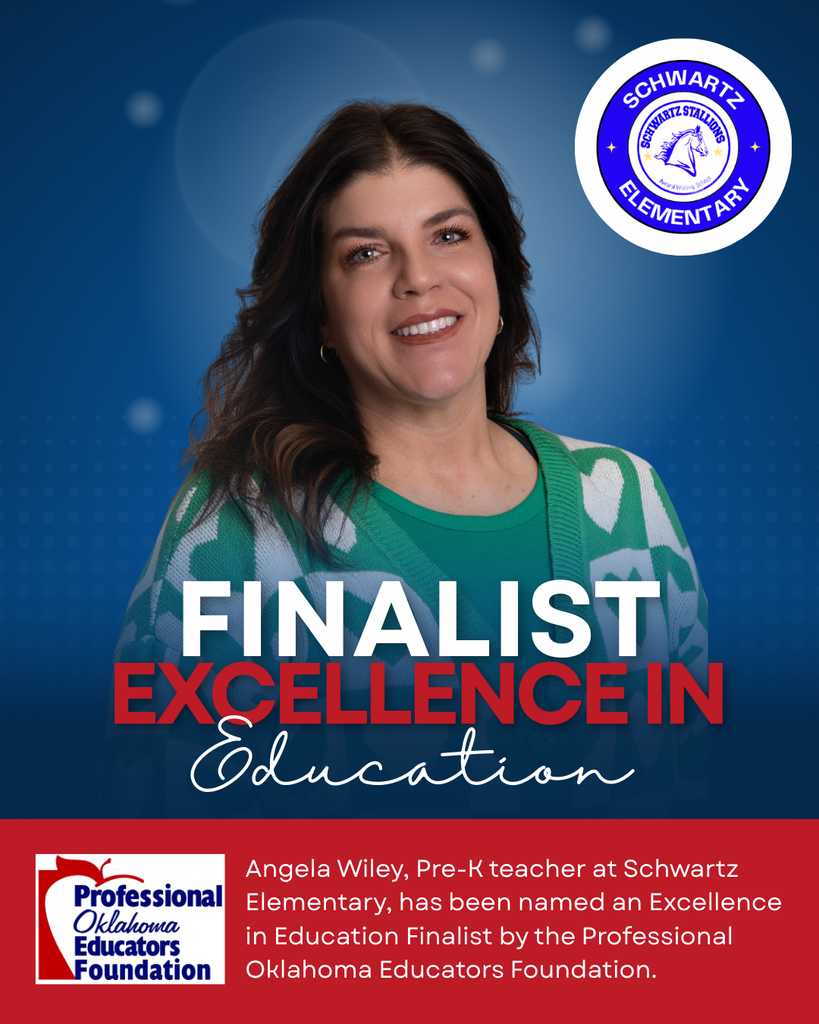 We’re proud to celebrate Angela Wiley, Pre-K teacher at Schwartz Elementary, for being named an Excellence in Education Finalist by the Professional Oklahoma Educators Foundation. Angela will be recognized at the Excellence in Education Awards Banquet on Friday, April 10, 2026. We’re wishing her the very best of luck and cheering her on as she represents our district with excellence!