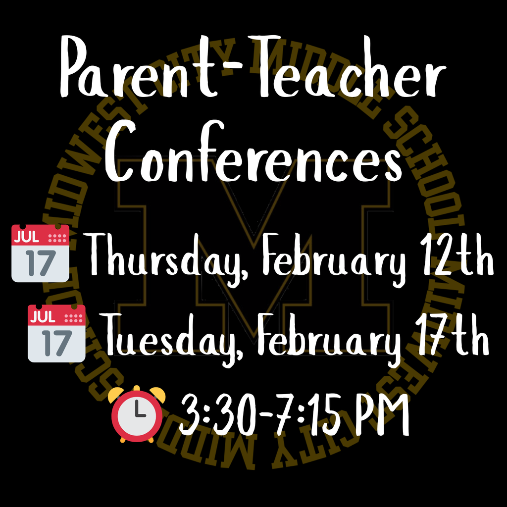 black background with an M with the words Midwest city Middle School going around the M. times and dates of the confrences