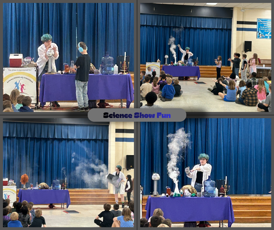 Images of students watching and participating in a science show.