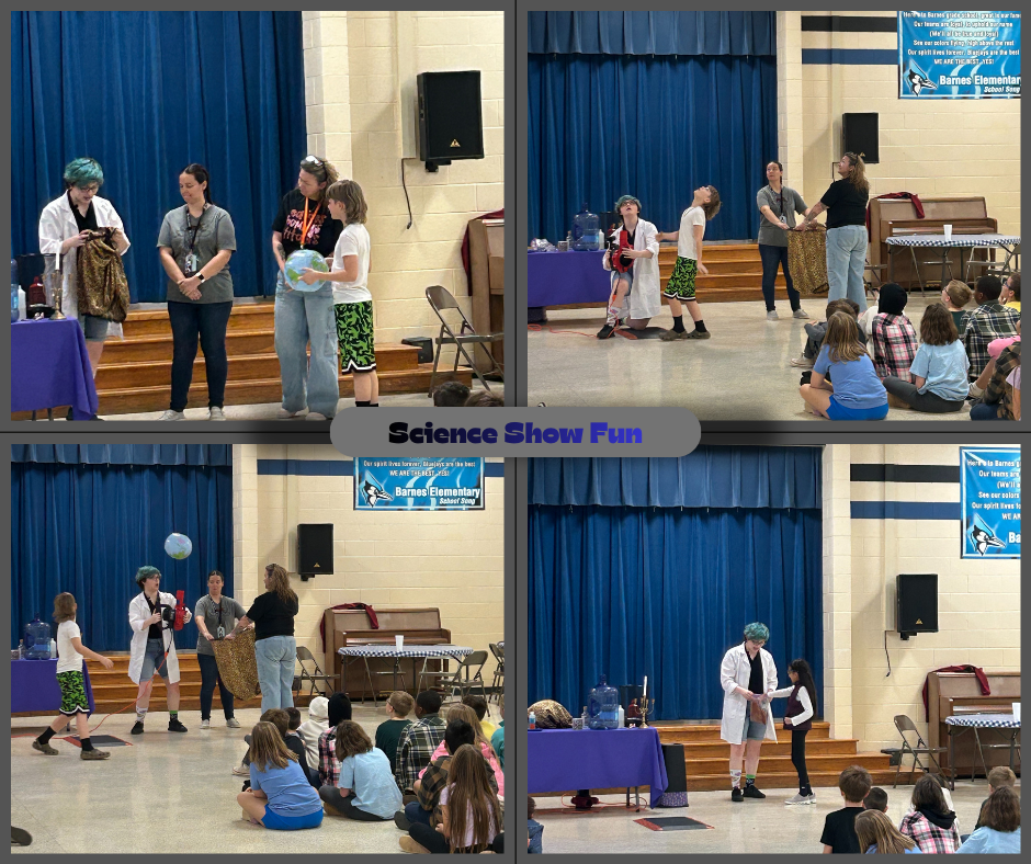 Images of students watching and participating in a science show.