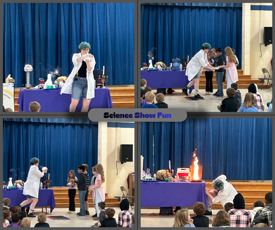 Images of students watching and participating in a science show.