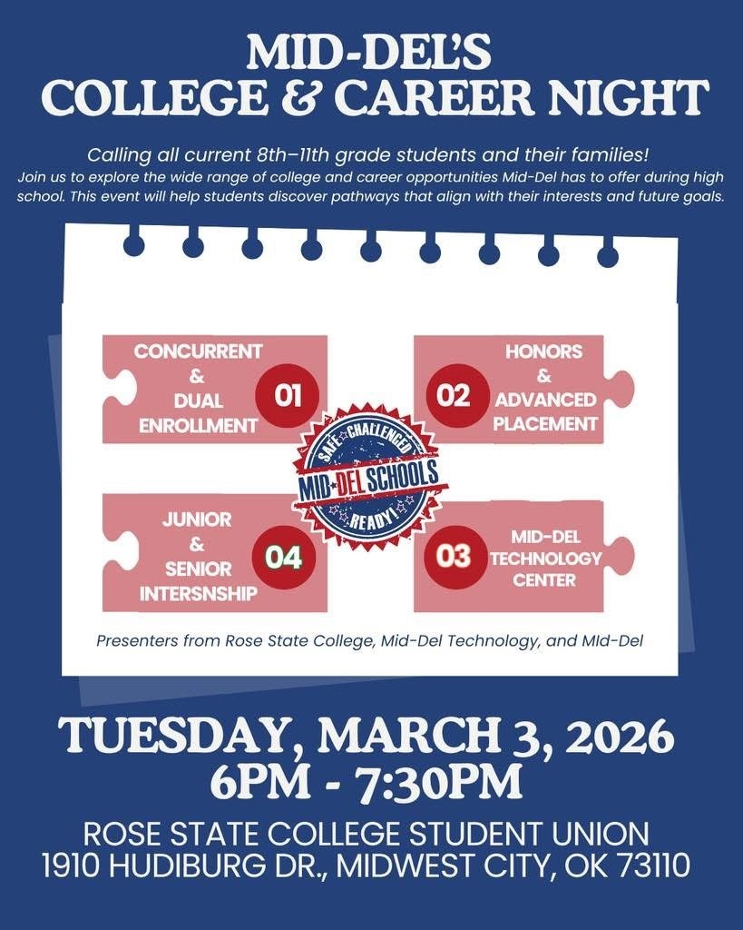 Mid-Del's College and Career Night information. The event is Tuesday, March 3rd from 6-7:30 PM at the Rose State Ciollege Student Union at 1910 Hudiburg Drive in Midwesr City 