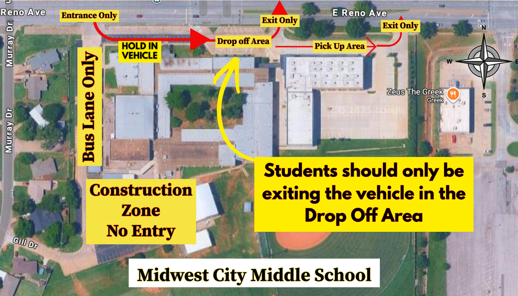 Picture of Midwewt City Middle school taken from above looking down with the traffic areas marked