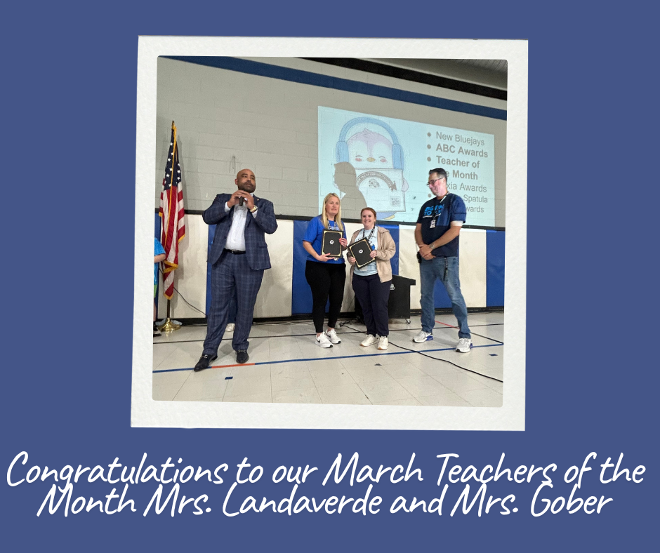 Image of Mr. Becker and Dr. Banister presenting the Teacher of the Month award to Mrs. Gober and Mrs. Landaverde.  