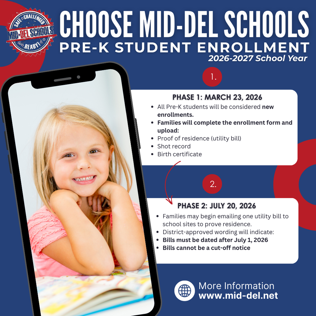 🌟 Start Their Journey at Mid-Del! 🌟  The first day of school is a big milestone, and Mid-Del Schools is the perfect place for your child to begin their learning journey.  Our Pre-K programs help young learners grow through play, exploration, and hands-on learning while building the skills they need for kindergarten and beyond.  In Mid-Del Pre-K, children will: ✔ Build early reading and math skills ✔ Develop friendships and confidence ✔ Learn through creative play and discovery ✔ Be supported by caring, certified teachers  Give your child a strong start in a school community that believes in One District. One Family.  🎒 Pre-K enrollment opens March 23, 2026!  Your child’s future begins here. Choose Mid-Del.  Learn more: www.mid-del.net  #ChooseMidDel #OneDistrictOneFamily