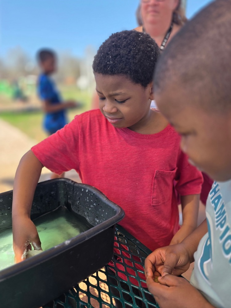  hands-on sensory activity for special education students. Children sticking their hands in a bucket of green slime for St. Patrick’s Day. 