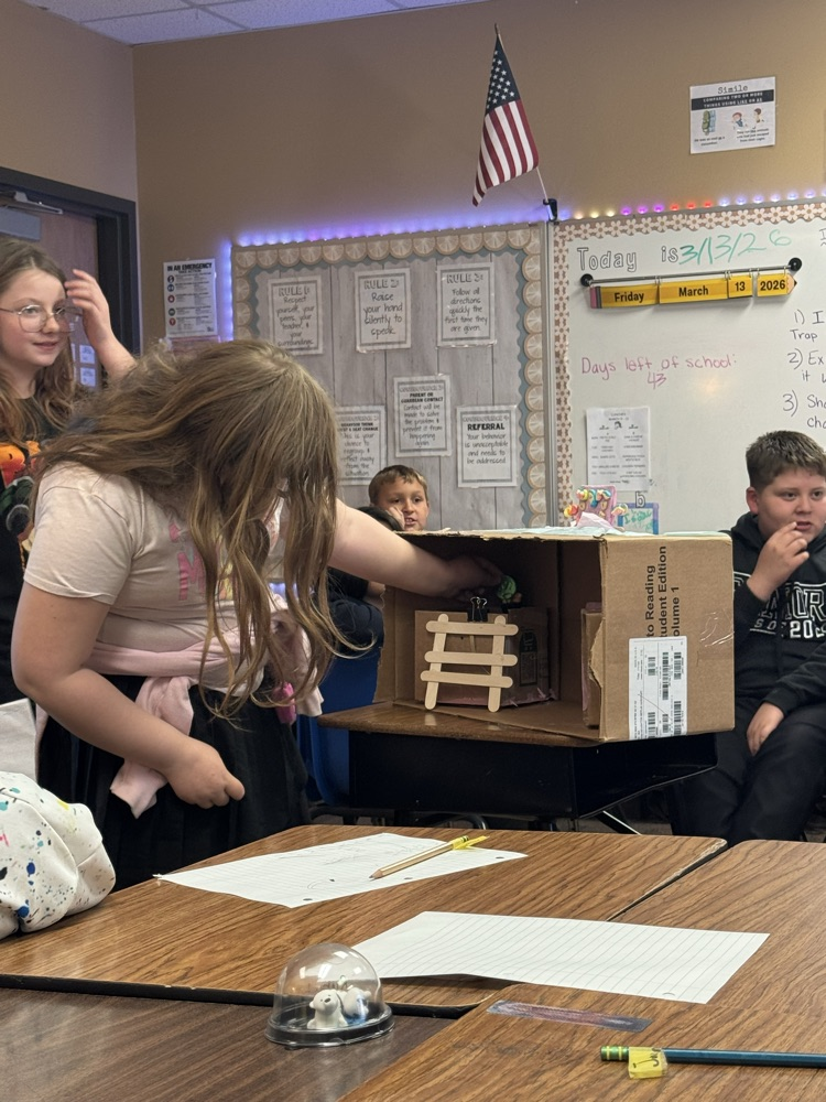 leprechaun traps made by fourth graders. The students are in front of the room, presenting them.