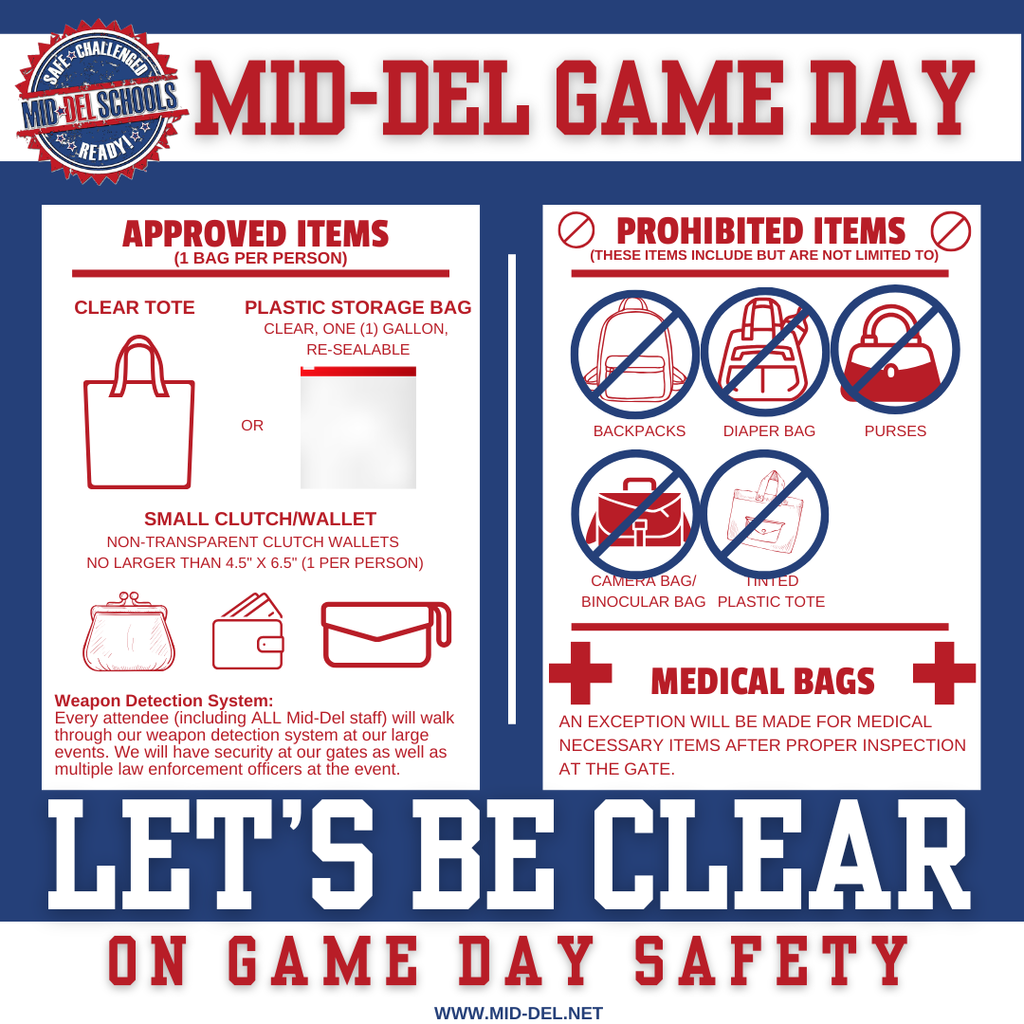 Graphic titled “Mid-Del Game Day” explaining the clear bag policy for events. Approved items include one clear tote or one-gallon resealable plastic bag per person, and a small non-transparent clutch no larger than 4.5 by 6.5 inches. Prohibited items include backpacks, diaper bags, purses, camera bags, binocular bags, and tinted bags. Medical bags are allowed after inspection. The graphic also notes that all attendees will pass through a weapon detection system and that law enforcement will be present at large events.