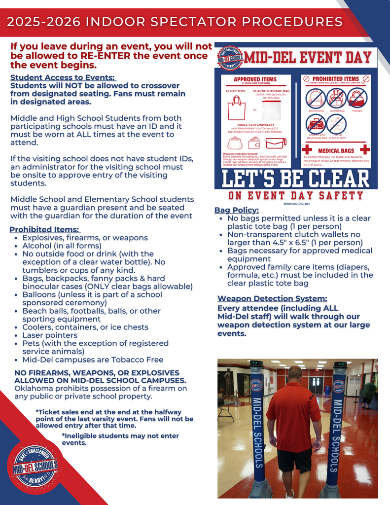 Graphic titled “2025–2026 Indoor Spectator Procedures” outlining event rules for Mid-Del Schools. It states no re-entry once an event begins and details student expectations, including staying in designated areas and wearing school IDs. Middle and elementary students must sit with a guardian. A list of prohibited items includes weapons, alcohol, outside food and drinks (except clear water bottles), bags (unless clear), balloons, sports equipment, coolers, laser pointers, and pets (except service animals). The graphic emphasizes that all attendees must go through a weapon detection system and that Mid-Del campuses are tobacco-free. A photo shows a person walking through a security screening system.