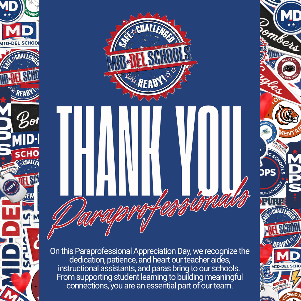 Today, we celebrate the incredible individuals who make a difference in our classrooms every single day—our Mid-Del paraprofessionals! 💜  On this Paraprofessional Appreciation Day, we recognize the dedication, patience, and heart our teacher aides, instructional assistants, and paras bring to our schools. From supporting student learning to building meaningful connections, you are an essential part of our team.  Your impact is felt far beyond the classroom—especially in the lives of students who rely on your support the most. Because of you, our schools are stronger, more supportive, and full of opportunity.  Thank you for showing up, stepping in, and lifting up our students and teachers day in and day out.  One District. One Family.