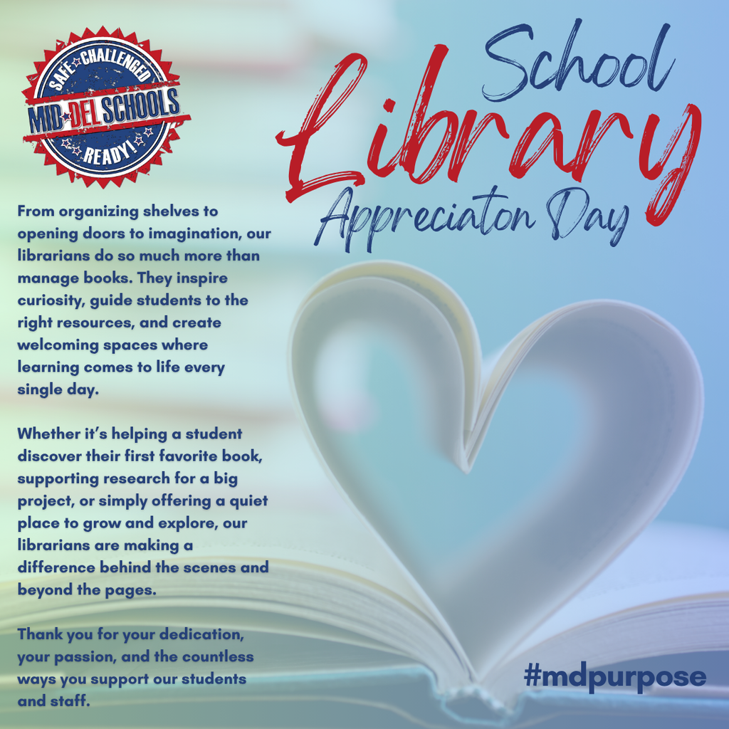 Happy School Librarian  Appreciation Day!  It’s School Library Month, and today we’re proud to celebrate the incredible heart of our libraries, our AMAZING School Librarians!  From organizing shelves to opening doors to imagination, our librarians do so much more than manage books. They inspire curiosity, guide students to the right resources, and create welcoming spaces where learning comes to life every single day.  Whether it’s helping a student discover their first favorite book, supporting research for a big project, or simply offering a quiet place to grow and explore, our librarians are making a difference behind the scenes and beyond the pages.  Thank you for your dedication, your passion, and the countless ways you support our students and staff.  Mid-Del is better because of you. #OneDistrictOneFamily #mdpurpose 