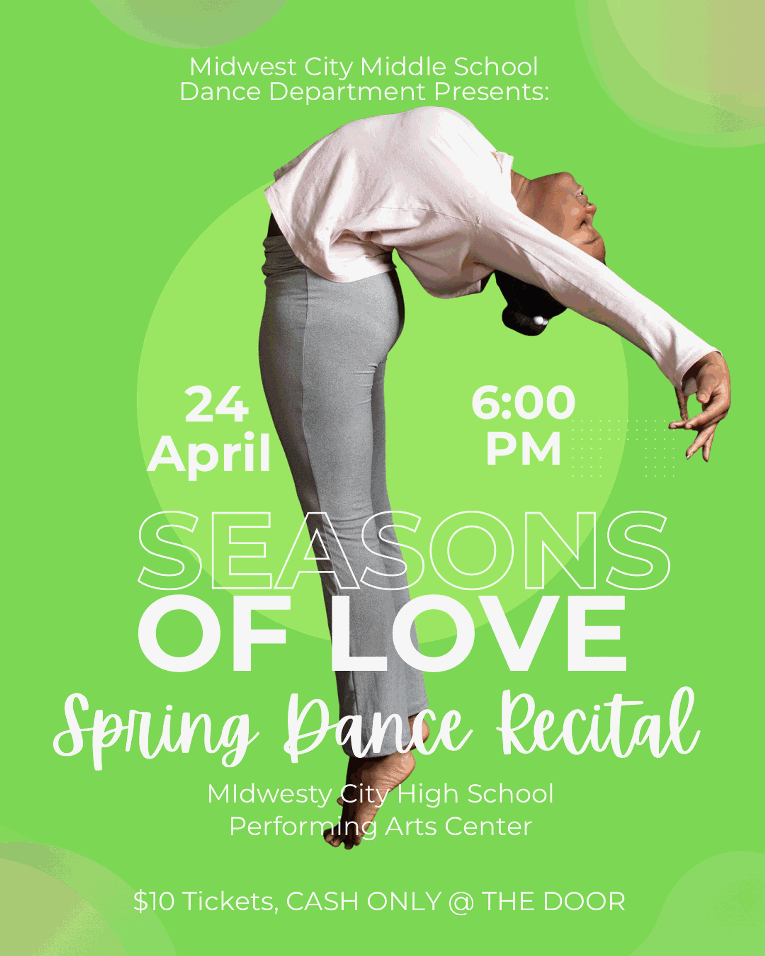 Green background with a girl standing on her toes bent backward at the waistwith her arms extrnded behind her