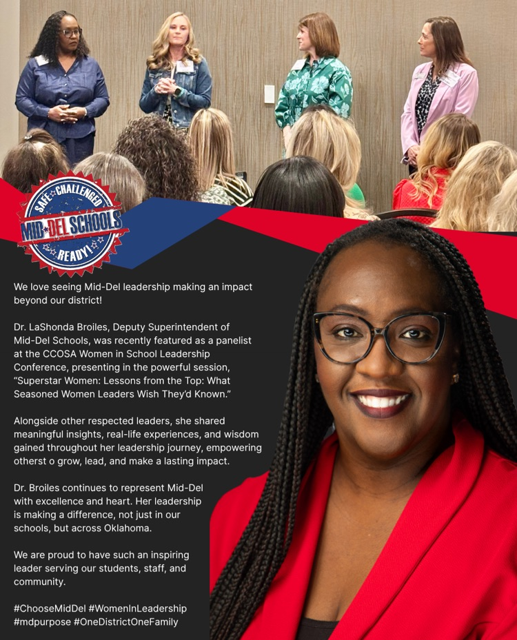 a graphic of Dr. Broiles wearing a red jacket smiling as she is also pictured with three other women speaking at a conference. 