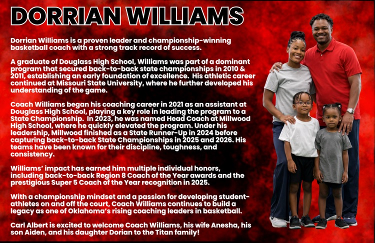 🏀 Big news for Titan Nation!  Carl Albert High School has named Dorrian Williams as the new Head Boys Basketball Coach!  Join us in welcoming Coach Williams to the Mid-Del family!