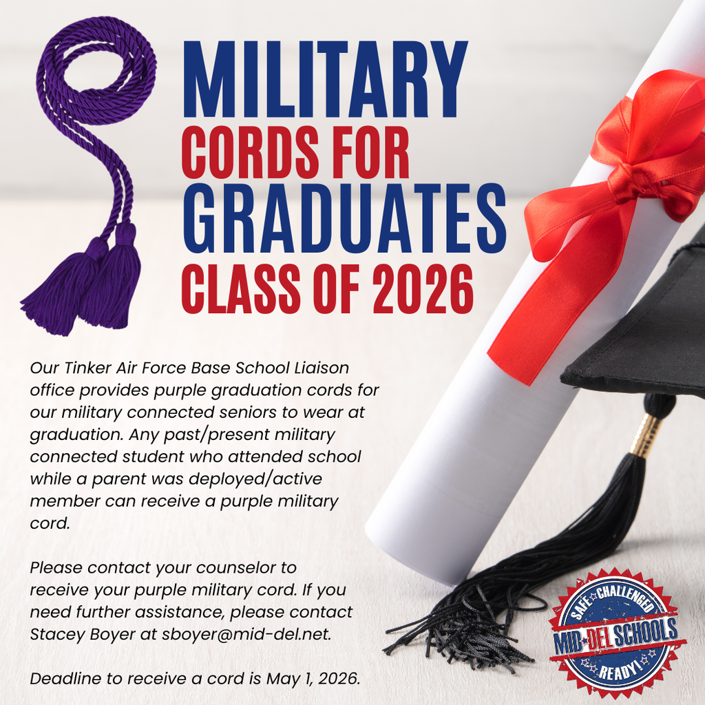 🎓💜 Calling all military-connected seniors! 💜🎓 Purple graduation cords are now available in your school’s counseling office!  Thanks to our incredible partners at Tinker AFB School Liaison Office, seniors who had a parent serve in the military—past or present—while attending school are eligible to receive a Purple Military Honor Cord to wear at graduation. It’s our way of celebrating your strength, resilience, and connection to military service.  👉 Swing by your counseling office to pick one up! Need help? Reach out to Stacey Boyer at 📧 sboyer@mid-del.net . 🗓 Deadline to receive a cord is May 1, 2026. Let’s honor your journey in purple! 💜🇺🇸  #MidDelMilitaryConnected #PurpleUp #OneDistrictOneFamily #ClassOf2026 #mdpurpose 