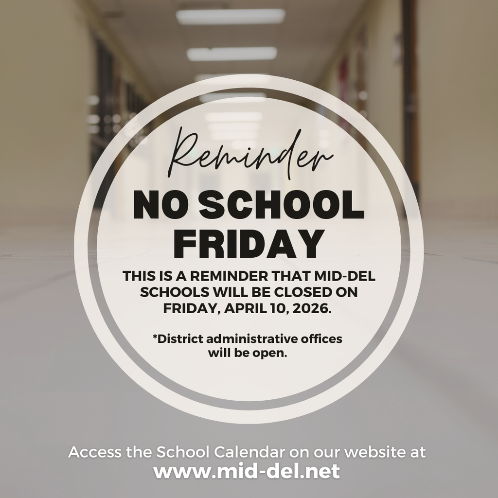 📢 Reminder for Mid-Del Families Mid-Del Schools will be closed on Friday, April 10, 2026. Please note: ✔️ All school sites will be closed ✔️ District administrative offices will remain open #OneDistrictOneFamily