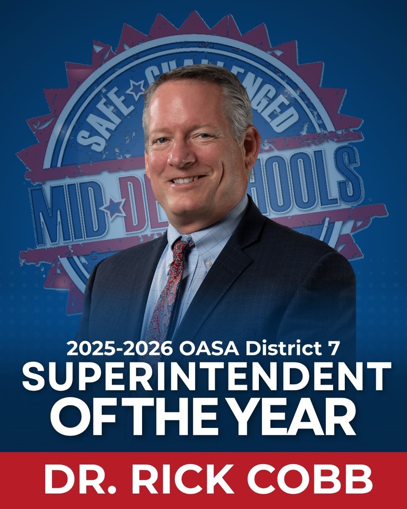 A professional portrait of Dr. Rick Cobb in a suit and tie, smiling in front of a Mid-Del Schools branded background. Bold text on the image reads “2025–2026 OASA District 7 Superintendent of the Year” and “Dr. Rick Cobb.”