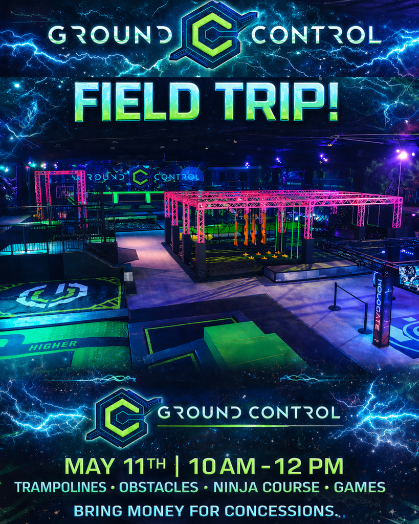 A picture of the inside of a large building with black lights with trampolines, mats, and an obstacle course a glowing in bright neon colors