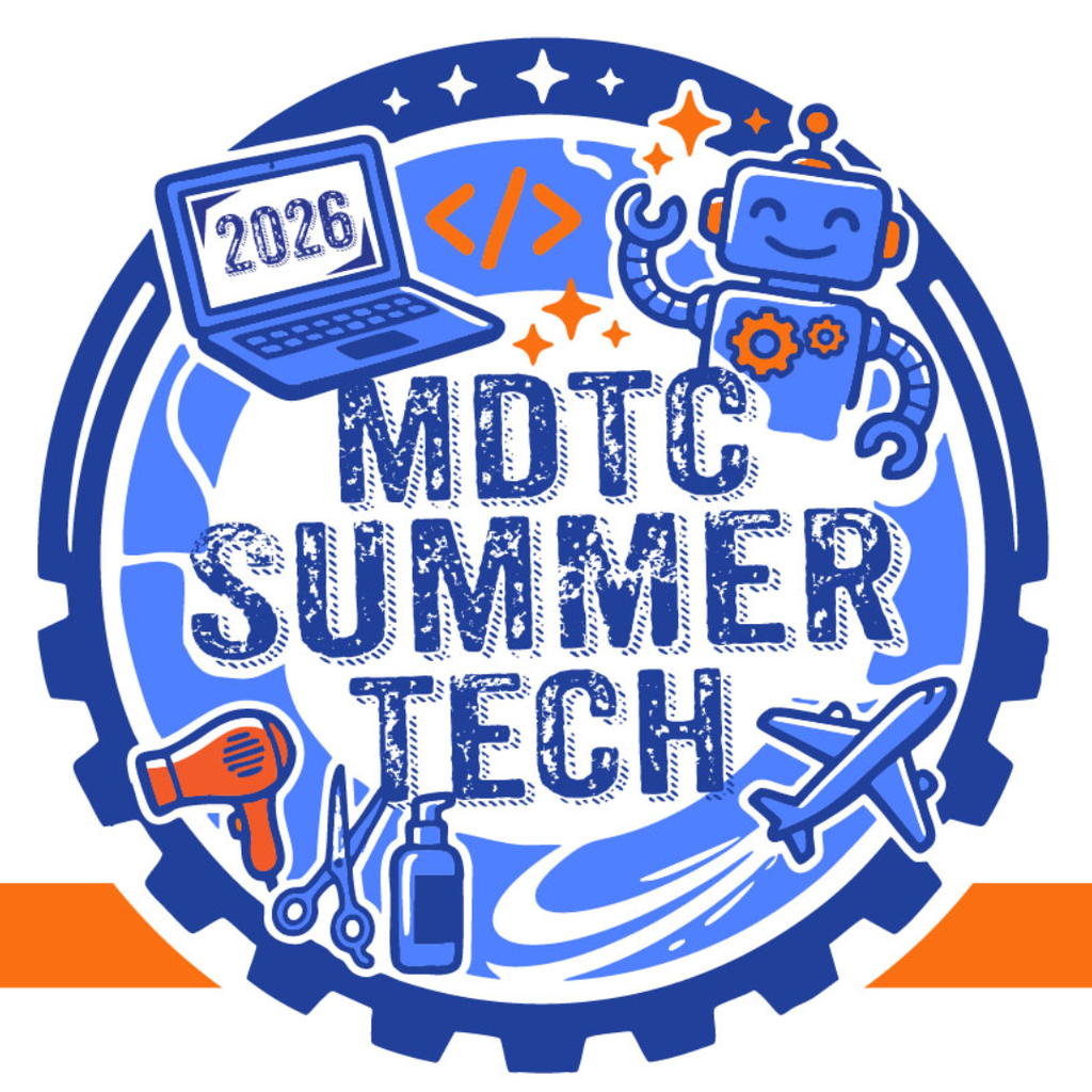 a picture of a white background with a blue circle in the middle. IAlong the inside edge of the circle there is a computer with 2026 on the screen, a friendly robot, a plane, a hair dryer, scissors, and lotion bottle. At the center of the circle are the wrods MDTC Summer Tech