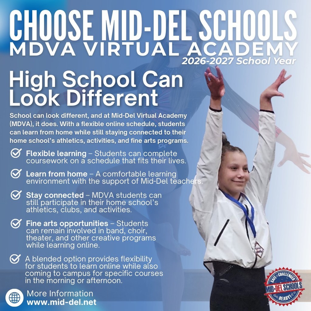 High School Can Look Different... and That’s Okay.  At Mid-Del Virtual Academy (MDVA), students have the flexibility to learn online while still staying connected to the activities and programs they love.  With MDVA, students can: ✔ Learn from home on a flexible schedule ✔ Stay connected to their home school’s athletics, clubs, and activities ✔ Participate in fine arts like band, choir, and theater ✔ Access support from Mid-Del teachers ✔ Take advantage of blended options for on-campus courses  MDVA gives students the flexibility they need while staying part of the Mid-Del family.  Enrollment for the 2026–2027 school year opens March 23, 2026.  Learn more: www.mid-del.net  #ChooseMidDel #OneDistrictOneFamily #mdpurpose