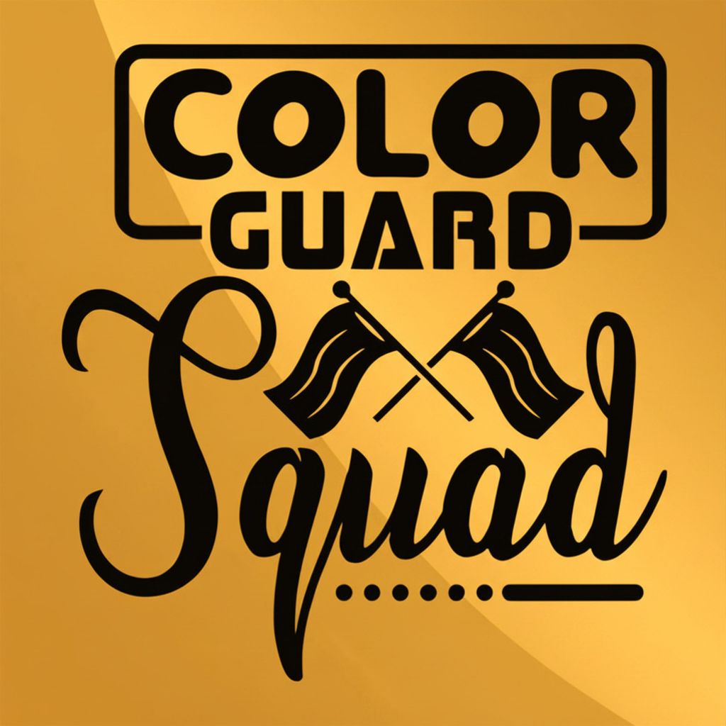 a picture with 2 differnet shade of gold with the words COLOR GUARD with lines coming from either side of the words guard going up and around the word color. below that there are 2 flags with the word Squad under it.