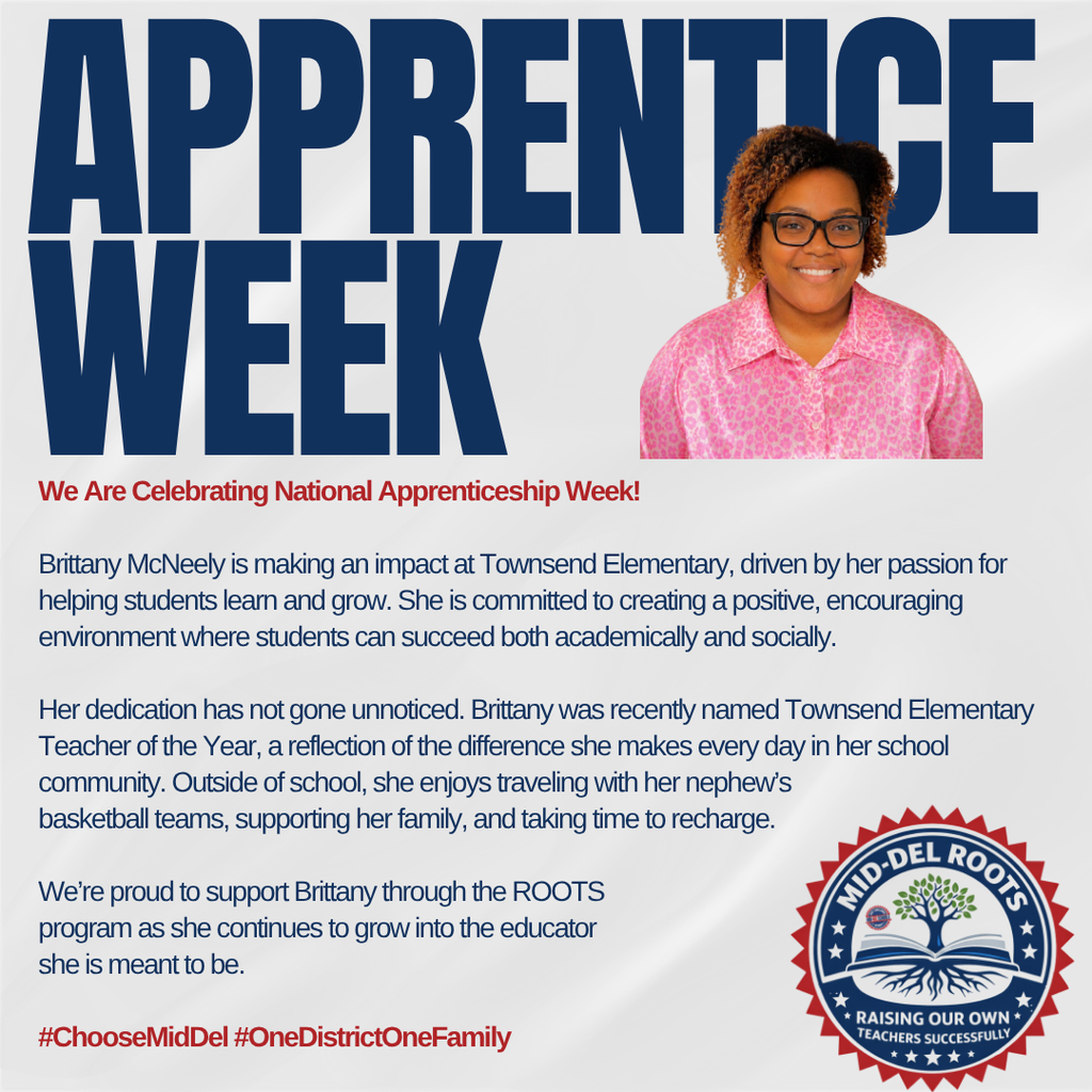 It’s National Apprentice Week, and there’s no better time to take the first step toward a career that makes a difference every single day. At Mid-Del Schools, we’re proud to grow our own through programs like Roots, our teacher apprenticeship program designed to support, train, and empower the next generation of educators. Whether you’re already in education or just starting to feel the calling, Mid-Del is a place where you’ll be supported, challenged, and celebrated every step of the way. This is more than a job. It’s a purpose. It’s a pathway. It’s a team that believes in you. If you’re ready to make an impact and be part of something bigger, we invite you to join the Mid-Del family. Come grow with us. #ChooseMidDel #OneDistrictOneFamily #NationalApprenticeWeek #mdpurpose