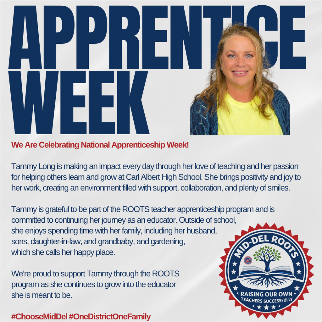 It’s National Apprentice Week, and there’s no better time to take the first step toward a career that makes a difference every single day. At Mid-Del Schools, we’re proud to grow our own through programs like Roots, our teacher apprenticeship program designed to support, train, and empower the next generation of educators. Whether you’re already in education or just starting to feel the calling, Mid-Del is a place where you’ll be supported, challenged, and celebrated every step of the way. This is more than a job. It’s a purpose. It’s a pathway. It’s a team that believes in you. If you’re ready to make an impact and be part of something bigger, we invite you to join the Mid-Del family. Come grow with us. #ChooseMidDel #OneDistrictOneFamily #NationalApprenticeWeek #mdpurpose