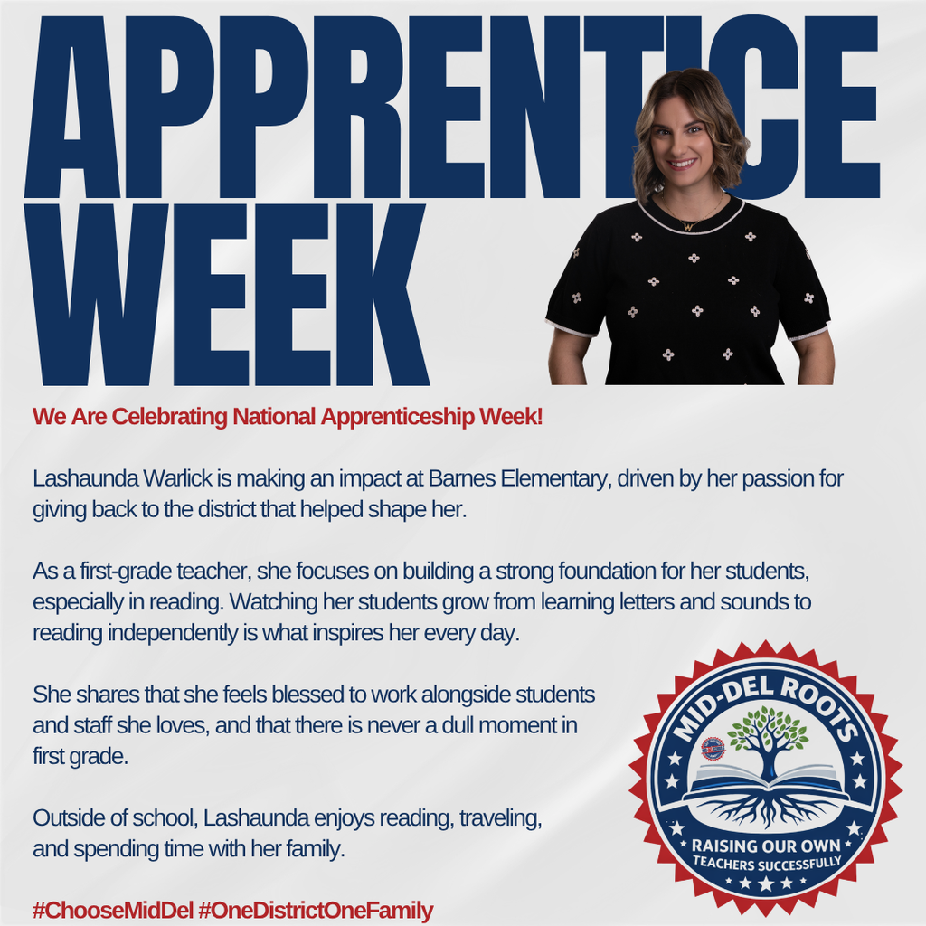 It’s National Apprentice Week, and there’s no better time to take the first step toward a career that makes a difference every single day. At Mid-Del Schools, we’re proud to grow our own through programs like Roots, our teacher apprenticeship program designed to support, train, and empower the next generation of educators. Whether you’re already in education or just starting to feel the calling, Mid-Del is a place where you’ll be supported, challenged, and celebrated every step of the way. This is more than a job. It’s a purpose. It’s a pathway. It’s a team that believes in you. If you’re ready to make an impact and be part of something bigger, we invite you to join the Mid-Del family. Come grow with us. #ChooseMidDel #OneDistrictOneFamily #NationalApprenticeWeek #mdpurpose