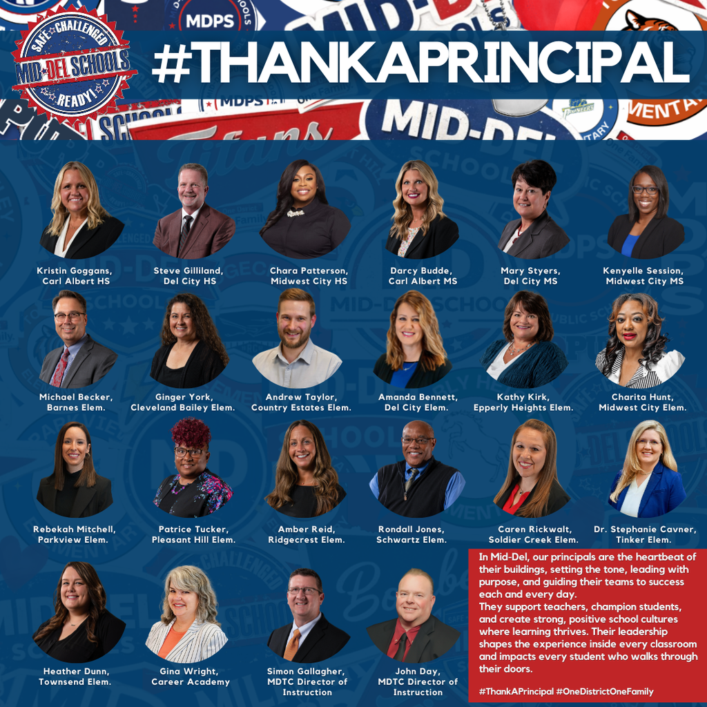 A Mid-Del Public Schools graphic celebrating National Principals Day with the headline “#ThankAPrincipal” across the top. The background features school logos and district branding in red, white, and blue. The image displays headshots of principals from across the district, each labeled with their name and school, including representatives from Carl Albert High School, Del City High School, Midwest City High School, multiple middle schools, and several elementary sites. In the bottom right corner, a message highlights the role of principals as leaders who set the tone in their buildings, support teachers, champion students, and create positive school cultures where learning thrives. Hashtags #ThankAPrincipal and #OneDistrictOneFamily appear at the bottom.