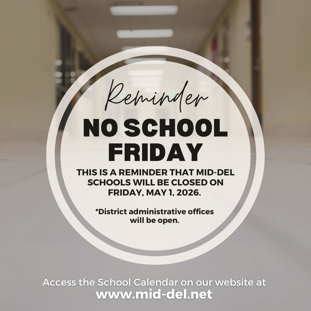 📢 Reminder for Mid-Del Families  Mid-Del Schools will be closed on Friday, May 1, 2026.  Please note: ✔️ All school sites will be closed ✔️ District administrative offices will remain open  We hope our students and staff enjoy the day, and we’ll see everyone back soon!  #OneDistrictOneFamily