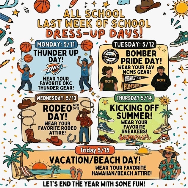 A picture of the dress up spirit days on Monday there are 2 teens playing with basketballs wearing thunder shirts. On Tuesday there are students wearing mcms shirts. On Wednesday there is a cowboy with a boot and two cowboy hats. Thursday there are different sneakers. Friday there are palm trees on a beach with a person wearing a tropical print shirt and wide brimmed hat