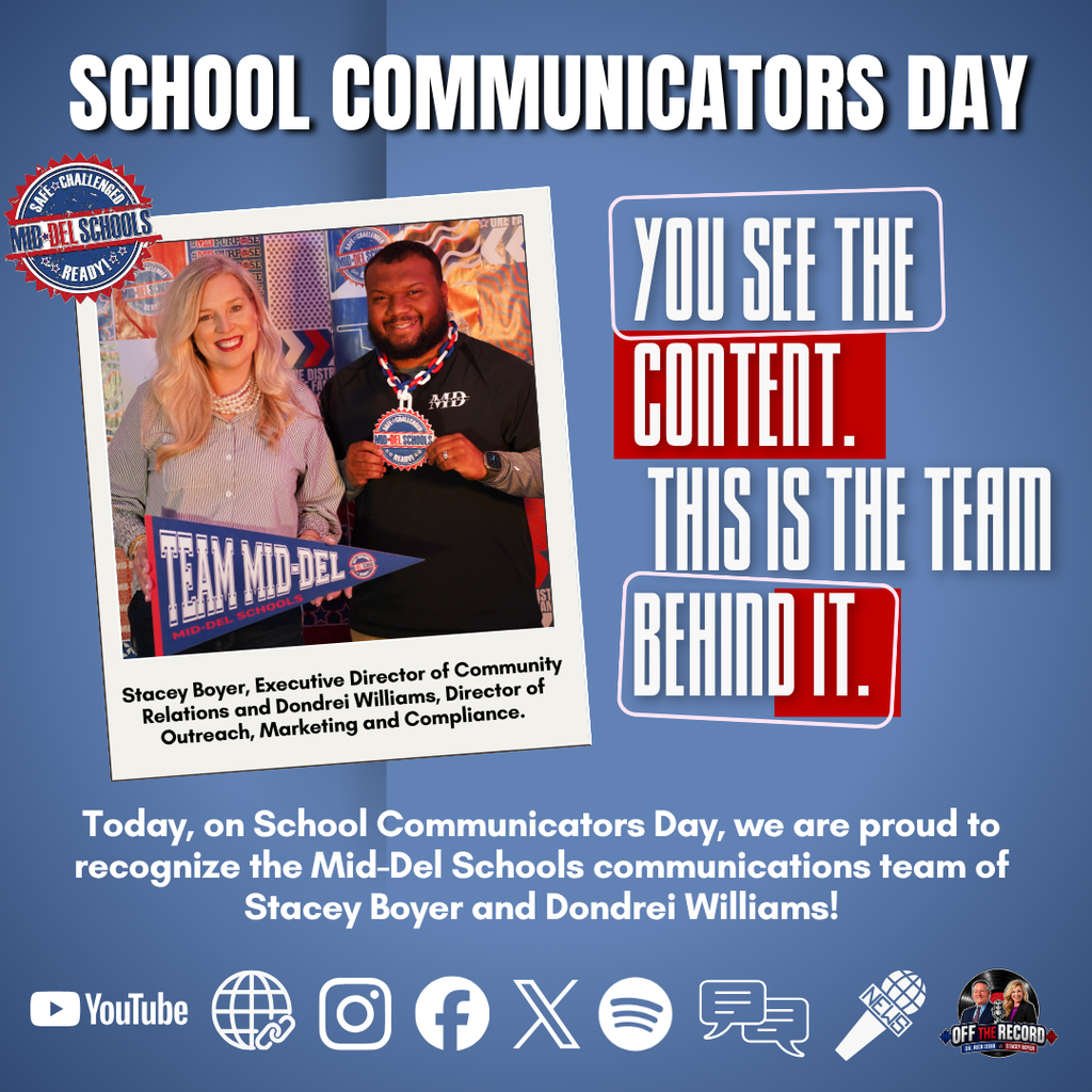 Today on School Communicators Day, we are proud to recognize the Mid-Del Schools communications team of Stacey Boyer and Dondrei Williams! 💙  From celebrating student success stories and showcasing the amazing things happening across our district to providing important information during emergencies and major events, this team works every day to keep our Mid-Del community informed, connected, and engaged.  Thank you for your creativity, leadership, storytelling, and commitment to sharing the heart of Mid-Del Schools with our families, staff, students, and community. We appreciate all you do for #OneDistrictOneFamily!  #SchoolCommunicatorsDay #ChooseMidDel #mdpurpose