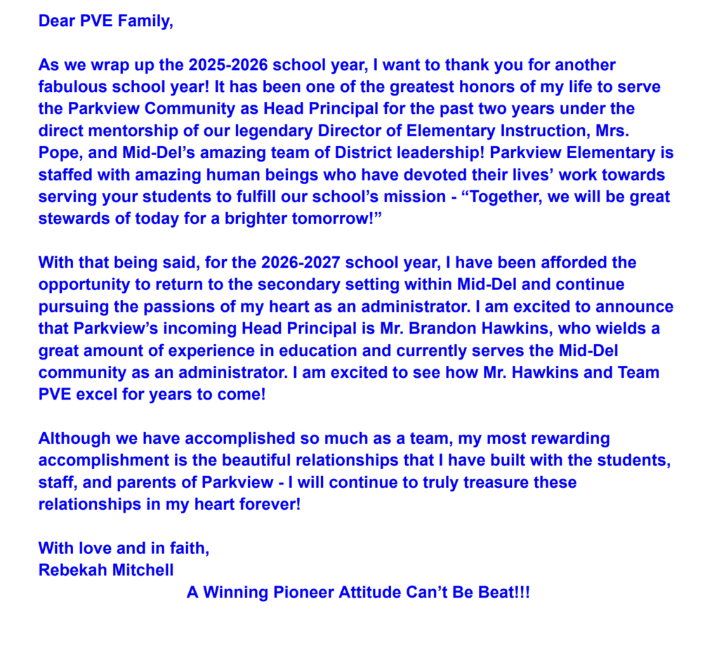 A Farewell Letter From Head Principal Mrs. Mitchell