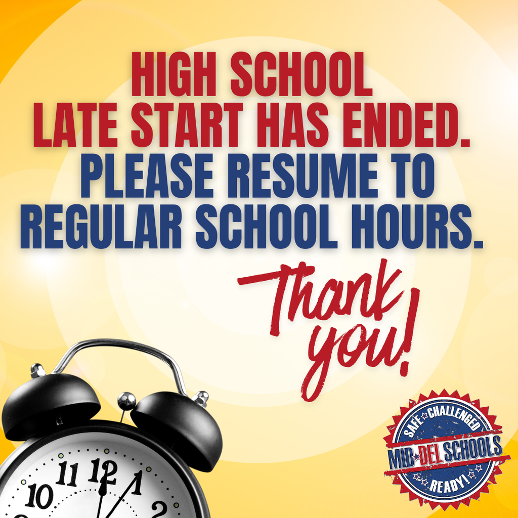 High school late start has officially wrapped up for the school year! ⏰  Beginning tomorrow, all Mid-Del high schools will return to their regular school schedules and start times. Thank you to our students, staff, and families for your flexibility and support throughout late start Wednesdays this year.  Let’s finish the year strong, Mid-Del! 💙❤️ #OneDistrictOneFamily #mdpurpose