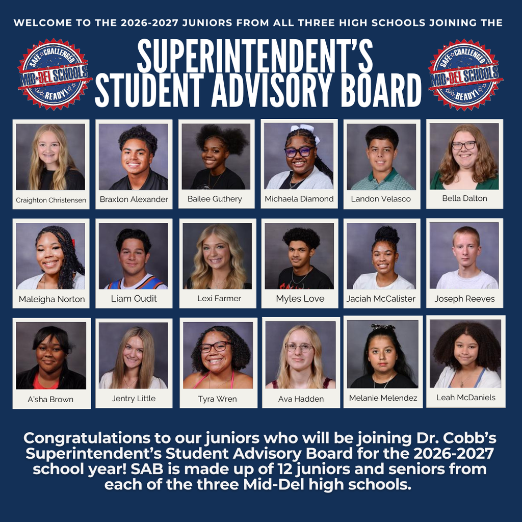 We’re excited to welcome the newest members of Dr. Cobb’s Superintendent Student Advisory Board for the 2026–2027 school year! 🎉 These future Mid-Del juniors will join 18 returning seniors from all three high schools to help share student voice, leadership ideas, and perspectives that continue moving Mid-Del forward. We can’t wait to see the impact this incredible group will make! #OneDistrictOneFamily #mdpurpose #MidDelStudents