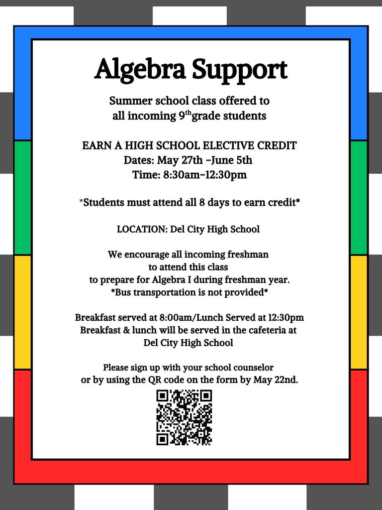📚➕ Incoming 9th graders — get a jump start on Algebra I this summer! Mid-Del Schools is offering an Algebra Support Summer Class designed to help freshmen build confidence and prepare for success in high school math. Students can even earn a high school elective credit by attending all 8 days! 🗓 May 27 – June 5 ⏰ 8:30 AM – 12:30 PM 📍 Del City High School Breakfast and lunch will be provided. Families, be sure to sign up with your school counselor or scan the QR code on the flyer by May 22! #ChooseMidDel #OneDistrictOneFamily #mdpurpose
