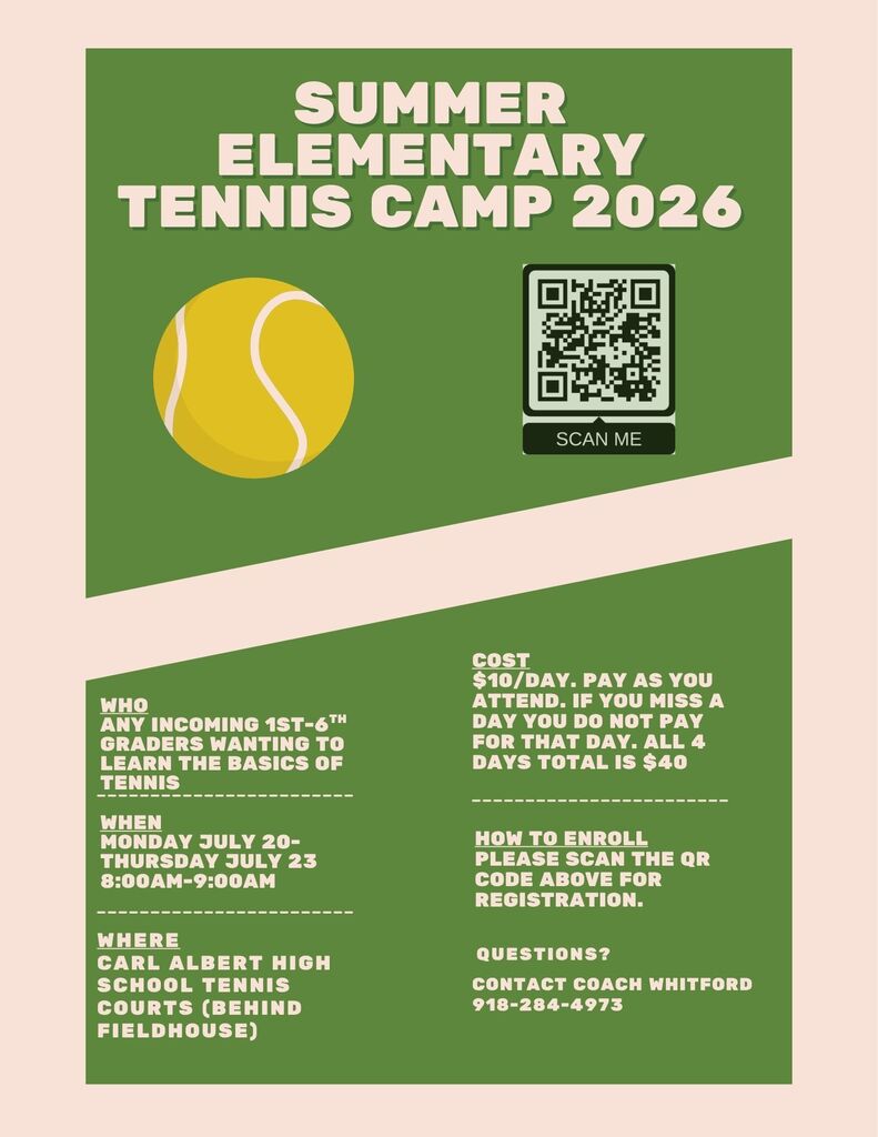 Summer Tennis Camp info. Contact Coach Whitford at jwhitford@mid-del.net