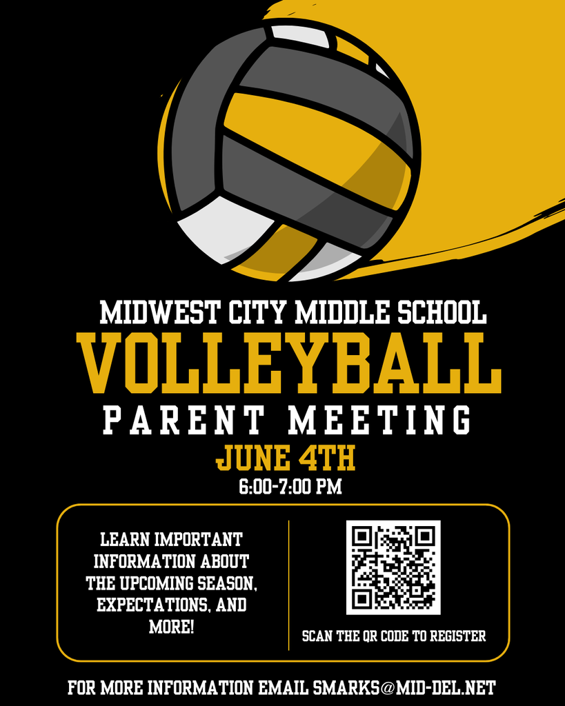 graphic for MCMS volleyball parent meeting June 4th 6-7 PM Learn important information about the upcoming season, expectations, and more. For more information please contact Ms. Marks at smarks@mid-del.net