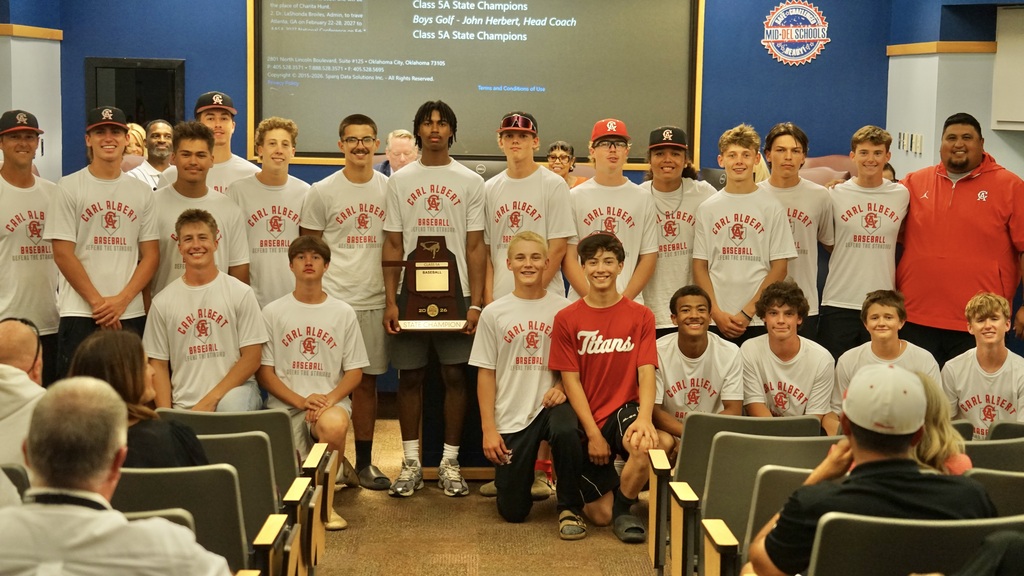 State Champions and Board Recognized! 🏆⚾  Tonight, the Carl Albert Titans Baseball Team was recognized by the Mid-Del Board of Education for bringing home the Class 5A State Championship!  This championship season is a testament to the hard work, dedication, and determination of our student-athletes, coaches, and supporters. We are incredibly proud of the way these Titans represented their school, their community, and Mid-Del Schools.  #ChooseMidDel #MDPurpose 