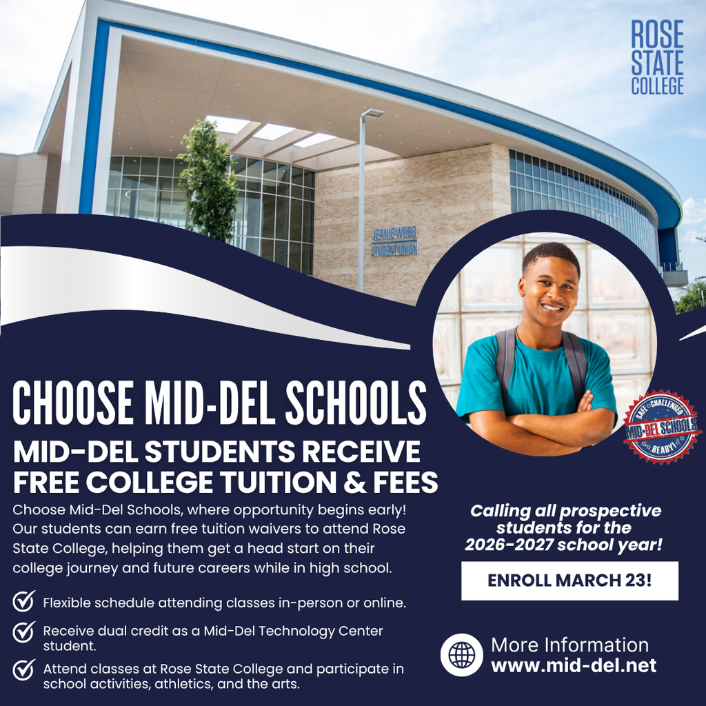 🎓 Only at Mid-Del. Only because of our partnership with Rose State College.  Did you know that Mid-Del students can earn free college tuition and pay no fees at Rose State College while still in high school? Through this unique partnership, students can get a head start on their college education, earn valuable dual credit, and save thousands of dollars on future college expenses.  Whether attending classes in person or online, Mid-Del students have access to opportunities that help them graduate ready for college, careers, and beyond.  📚 Tuition. Fees. Covered. 🎓 College credit while in high school. 💙 Another reason to #ChooseMidDel.  Learn more at www.mid-del.net  #ChooseMidDel #MDPurpose #OneDistrictOneFamily #RoseStateCollege #CollegeReady #FutureReady #MidDelProud #StudentSuccess