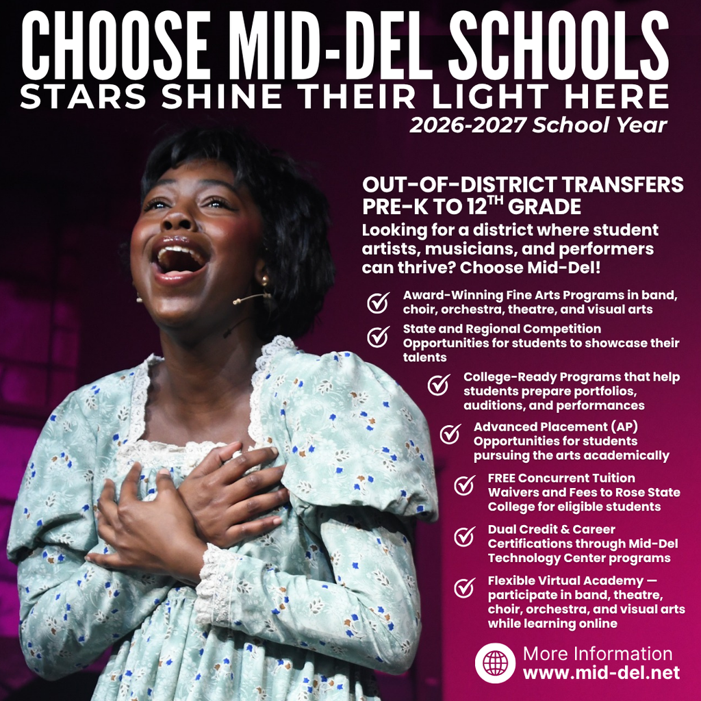 ✨ Stars Shine Their Light Here. 🎭🎶🎨  At Mid-Del Schools, students don't just participate in the arts—they perform, create, and excel. From award-winning theatre productions and championship music programs to visual arts and performance opportunities, our students are encouraged to discover their talents and share them with the world.  Whether your child dreams of the stage, the concert hall, the art studio, or all three, Mid-Del provides the opportunities, support, and experiences to help them shine.  🌟 Award-winning fine arts programs 🎭 Theatre, choir, band, orchestra, and visual arts opportunities 🎓 Free concurrent tuition waivers to Rose State College for eligible students 📚 Dual credit and career certification opportunities 💻 Flexible learning options without giving up extracurricular activities  📣 Out-of-district transfers are now open for the 2026-2027 school year!  #ChooseMidDel #MDPurpose #OneDistrictOneFamily #StarsShineTheirLightHere #FineArtsMatter #StudentSuccess #TheArtsInMidDel #FutureReady #ChooseMidDelSchools