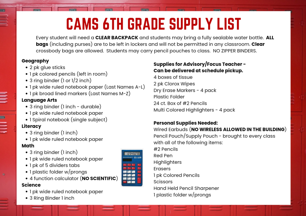 6th grade supply list
